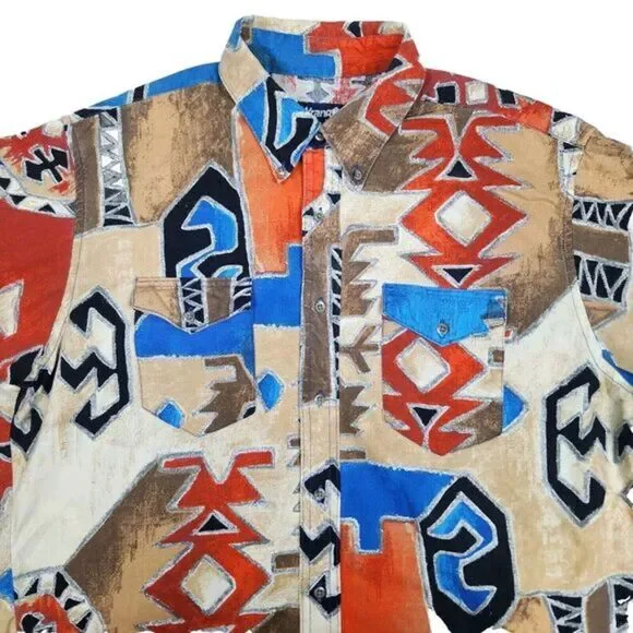Wrangler Western Shirt Mens 17-35 Aztec Abstract‎ Print Vintage Brushpopper 90s